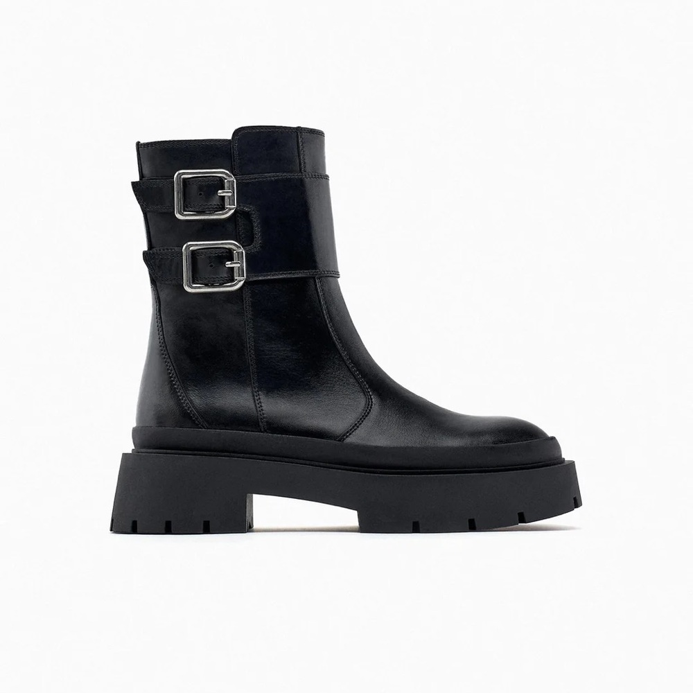 Black Leather Ankle Boots with Buckle Detail